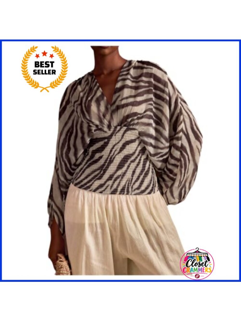 Women's Zebra Mesh Sheer Blouse Dolman Sleeve Smocked Top